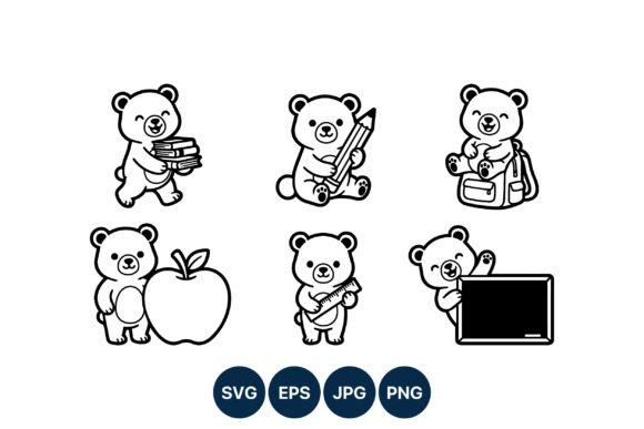 Adorable Cute Bear School Line Art for Embroidery