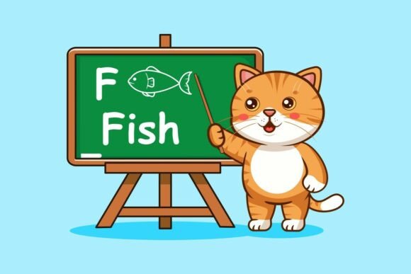 Adorable Kawaii Cat Teacher with Fish on Chalkboard