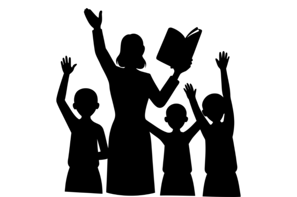 Teacher with Students Raising Hands Embroidery